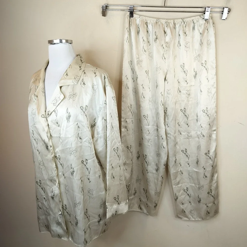 Womens Floral Satin Pajama Set Large Sleepwear Olive Green Shirt Pants